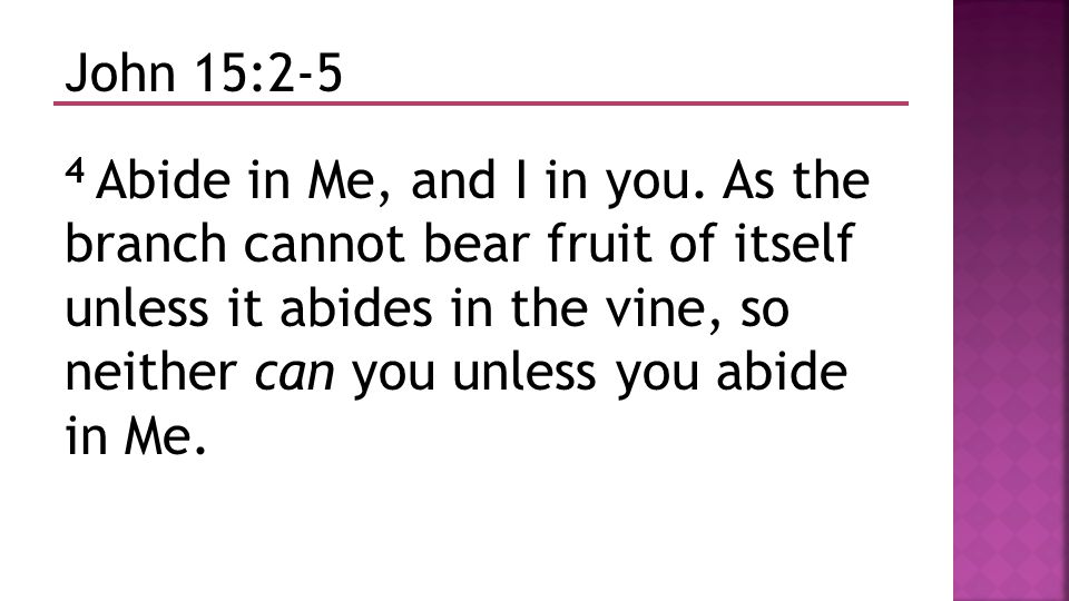 John 15:2-5 4 Abide in Me, and I in you.
