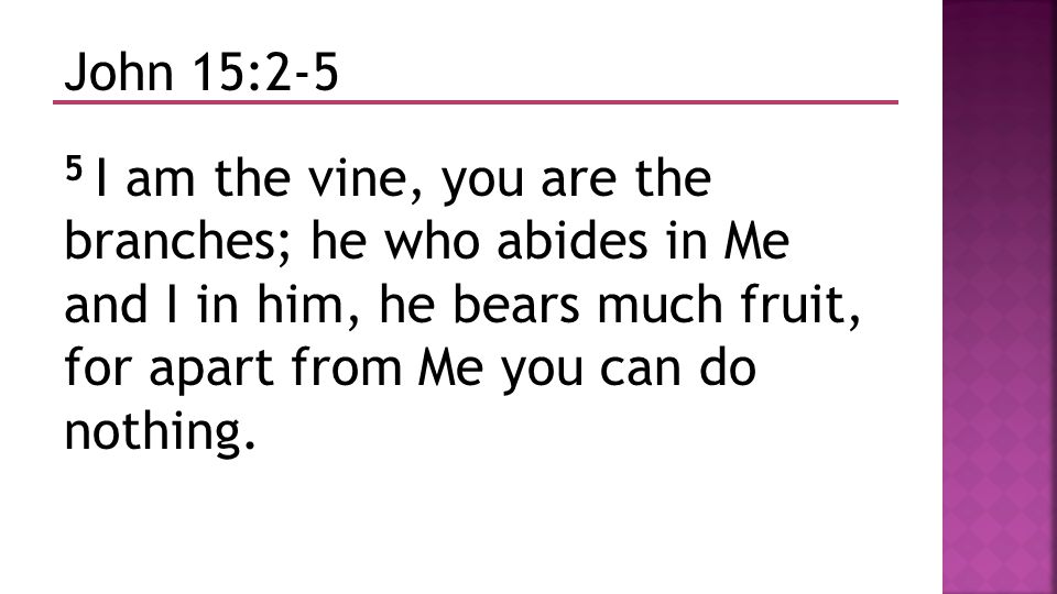 John 15:2-5 5 I am the vine, you are the branches; he who abides in Me and I in him, he bears much fruit, for apart from Me you can do nothing.