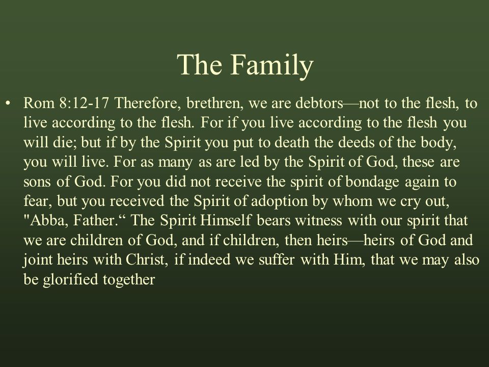 The Family Rom 8:12-17 Therefore, brethren, we are debtors—not to the flesh, to live according to the flesh.
