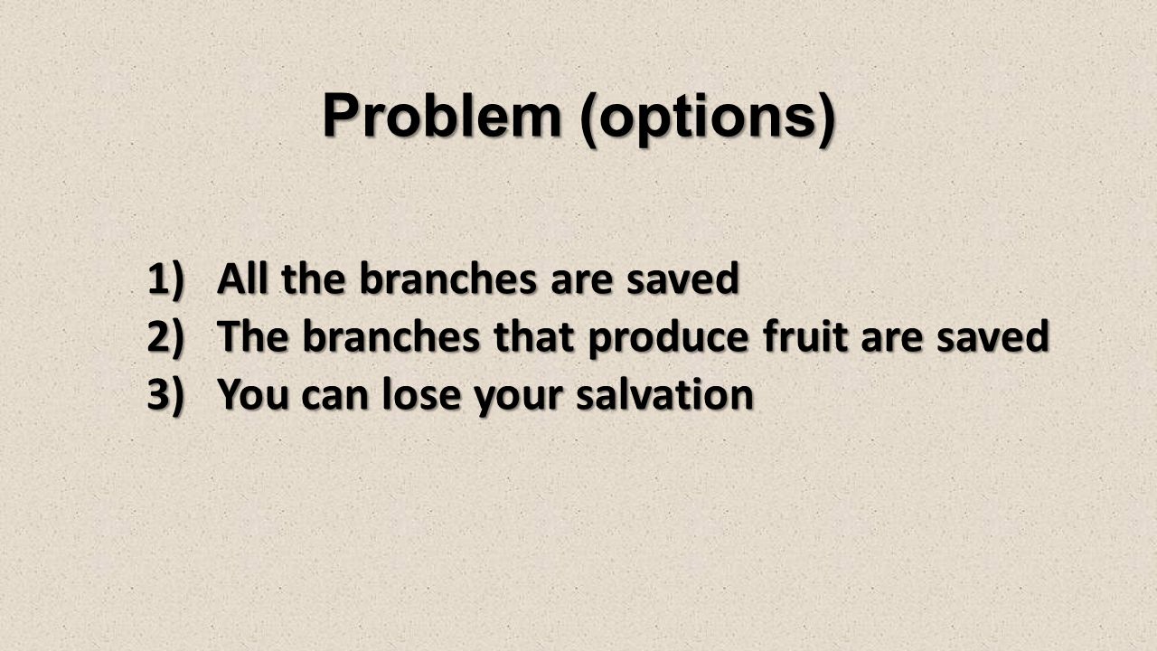 Problem (options) 1)All the branches are saved 2)The branches that produce fruit are saved 3)You can lose your salvation