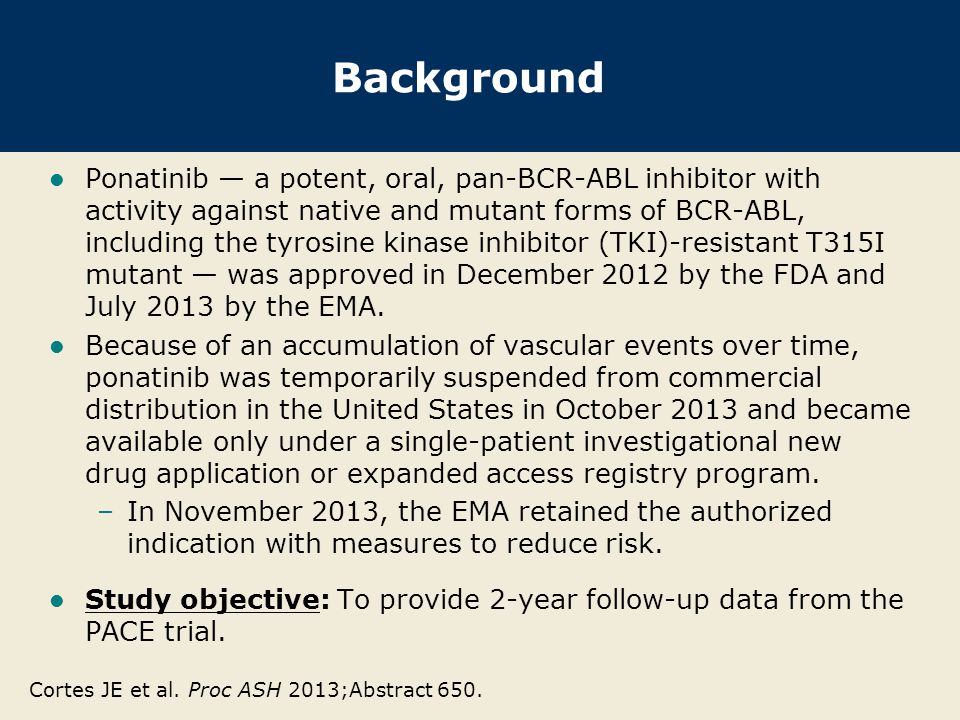 Background Ponatinib — a potent, oral, pan-BCR-ABL inhibitor with activity against native and mutant forms of BCR-ABL, including the tyrosine kinase inhibitor (TKI)-resistant T315I mutant — was approved in December 2012 by the FDA and July 2013 by the EMA.