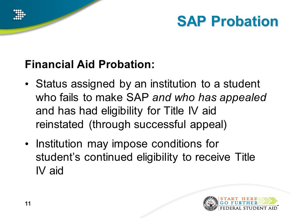 SAP Probation Financial Aid Probation: Status assigned by an institution to a student who fails to make SAP and who has appealed and has had eligibility for Title IV aid reinstated (through successful appeal) Institution may impose conditions for student’s continued eligibility to receive Title IV aid 11