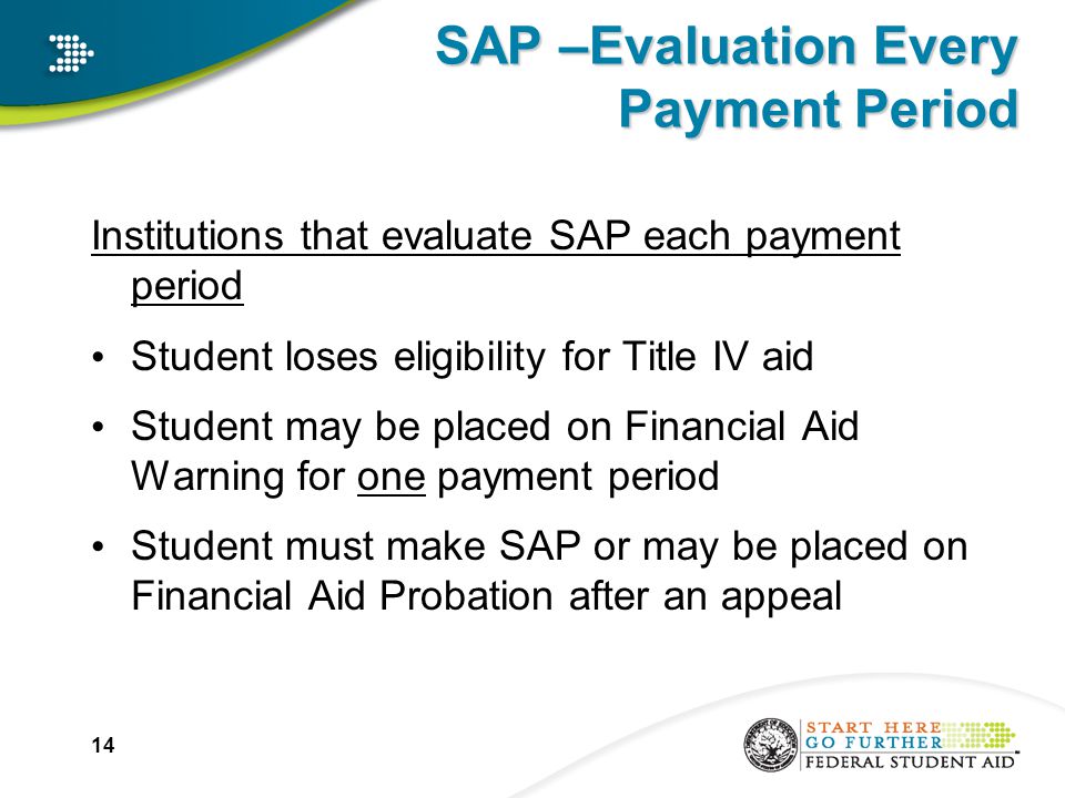 SAP –Evaluation Every Payment Period Institutions that evaluate SAP each payment period Student loses eligibility for Title IV aid Student may be placed on Financial Aid Warning for one payment period Student must make SAP or may be placed on Financial Aid Probation after an appeal 14