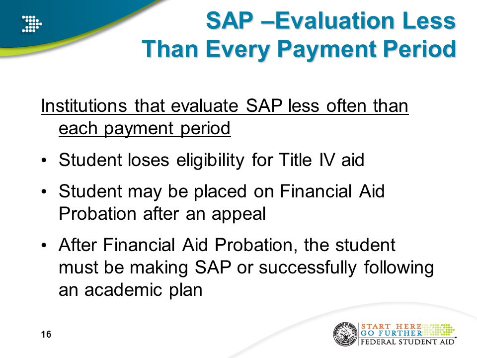 SAP –Evaluation Less Than Every Payment Period Institutions that evaluate SAP less often than each payment period Student loses eligibility for Title IV aid Student may be placed on Financial Aid Probation after an appeal After Financial Aid Probation, the student must be making SAP or successfully following an academic plan 16