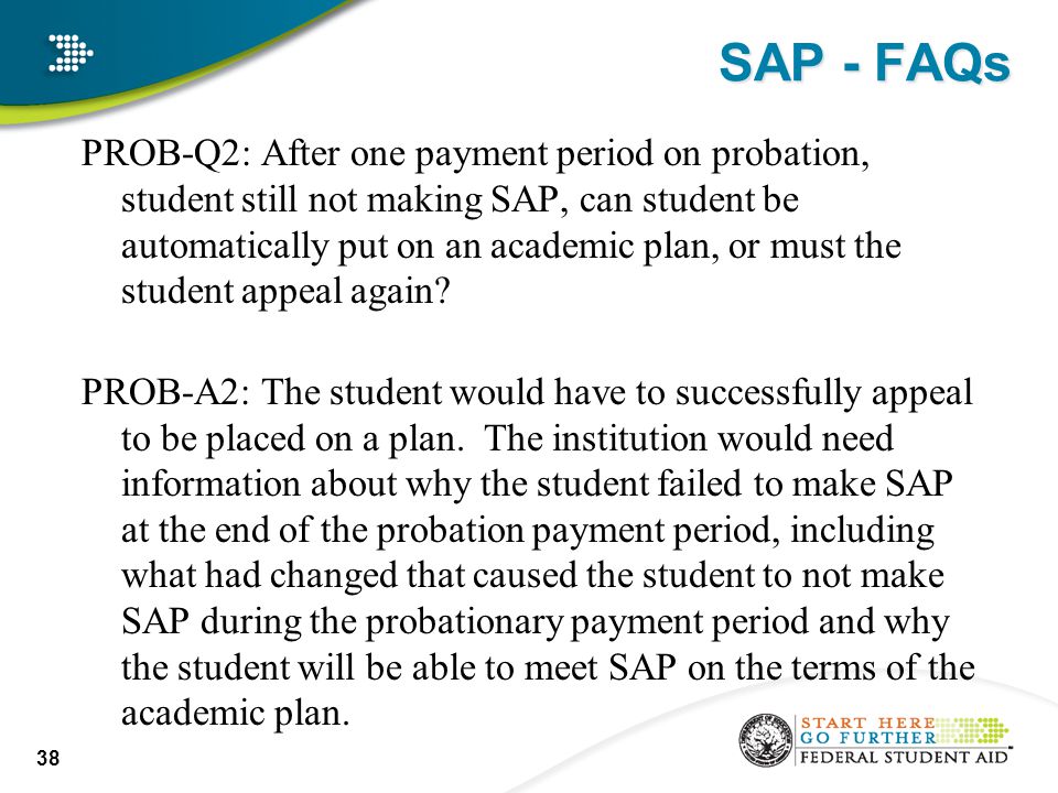 SAP - FAQs PROB-Q2: After one payment period on probation, student still not making SAP, can student be automatically put on an academic plan, or must the student appeal again.
