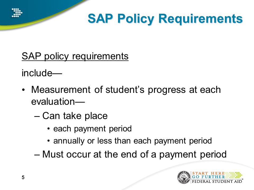 SAP Policy Requirements SAP policy requirements include— Measurement of student’s progress at each evaluation— –Can take place each payment period annually or less than each payment period –Must occur at the end of a payment period 5