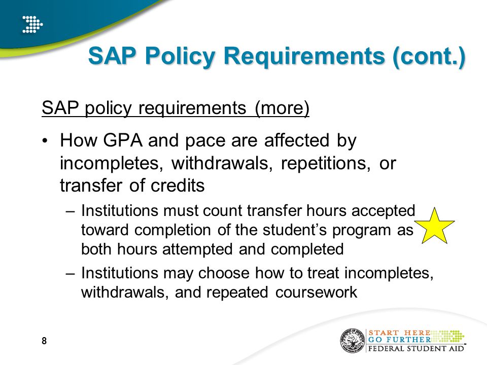 SAP Policy Requirements (cont.) SAP policy requirements (more) How GPA and pace are affected by incompletes, withdrawals, repetitions, or transfer of credits –Institutions must count transfer hours accepted toward completion of the student’s program as both hours attempted and completed –Institutions may choose how to treat incompletes, withdrawals, and repeated coursework 8