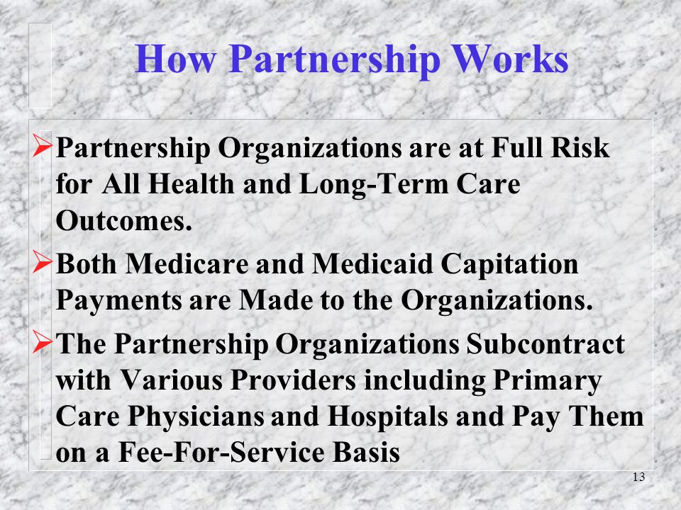 13 How Partnership Works  Partnership Organizations are at Full Risk for All Health and Long-Term Care Outcomes.
