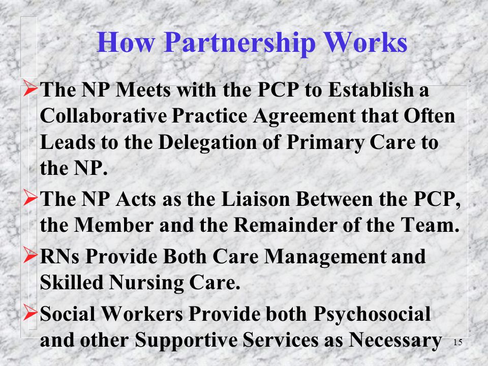 15 How Partnership Works  The NP Meets with the PCP to Establish a Collaborative Practice Agreement that Often Leads to the Delegation of Primary Care to the NP.