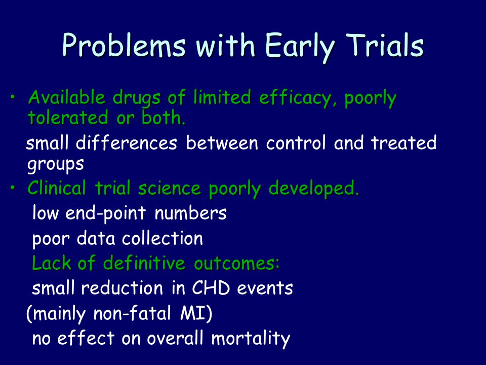 Problems with Early Trials Available drugs of limited efficacy, poorly tolerated or both.Available drugs of limited efficacy, poorly tolerated or both.