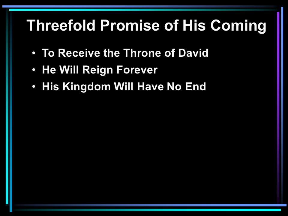 Threefold Promise of His Coming To Receive the Throne of David He Will Reign Forever His Kingdom Will Have No End