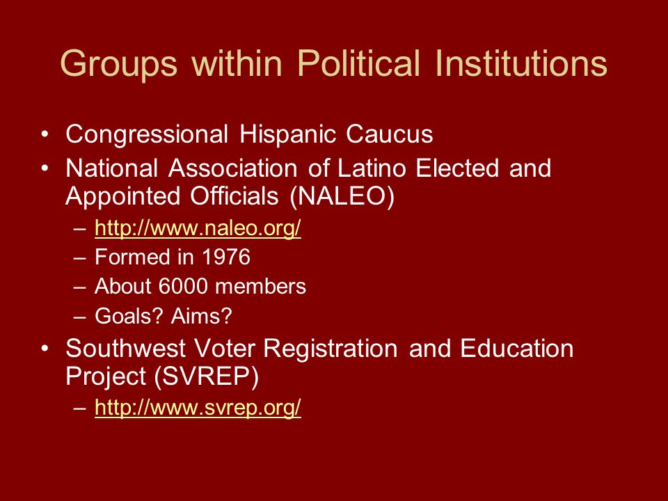 Groups within Political Institutions Congressional Hispanic Caucus National Association of Latino Elected and Appointed Officials (NALEO) –  –Formed in 1976 –About 6000 members –Goals.