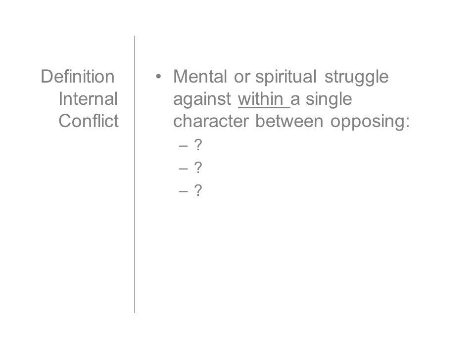 Definition Internal Conflict Mental or spiritual struggle against within a single character between opposing: –
