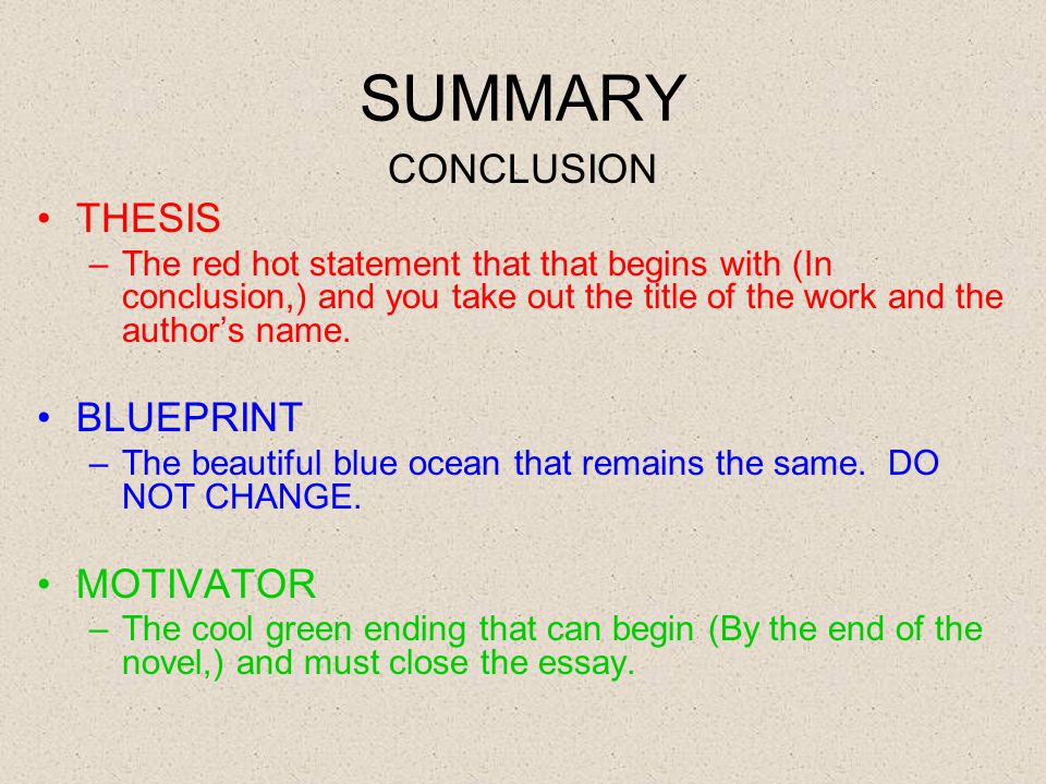 SUMMARY CONCLUSION THESIS –The red hot statement that that begins with (In conclusion,) and you take out the title of the work and the author’s name.