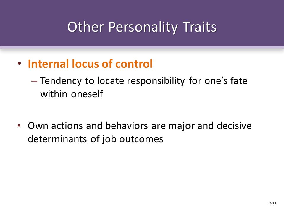 Other Personality Traits Internal locus of control – Tendency to locate responsibility for one’s fate within oneself Own actions and behaviors are major and decisive determinants of job outcomes 2-11