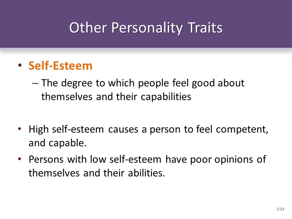 Other Personality Traits Self-Esteem – The degree to which people feel good about themselves and their capabilities High self-esteem causes a person to feel competent, and capable.