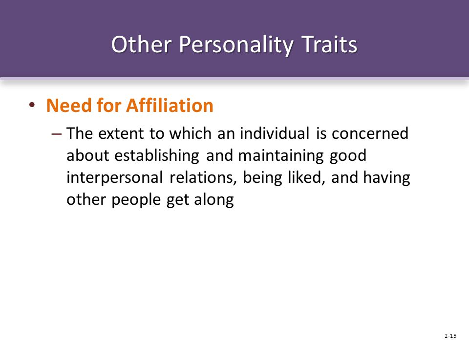 Other Personality Traits Need for Affiliation – The extent to which an individual is concerned about establishing and maintaining good interpersonal relations, being liked, and having other people get along 2-15