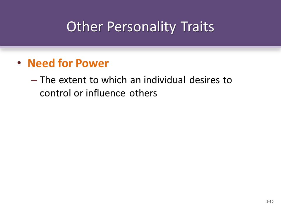 Other Personality Traits Need for Power – The extent to which an individual desires to control or influence others 2-16