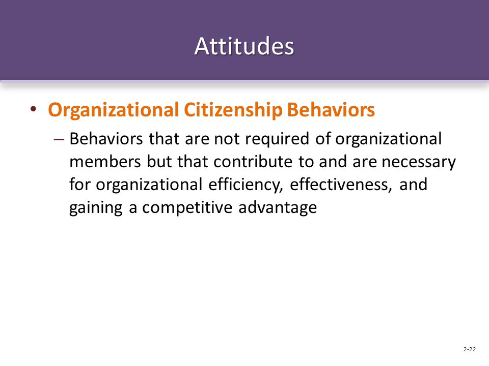Attitudes Organizational Citizenship Behaviors – Behaviors that are not required of organizational members but that contribute to and are necessary for organizational efficiency, effectiveness, and gaining a competitive advantage 2-22