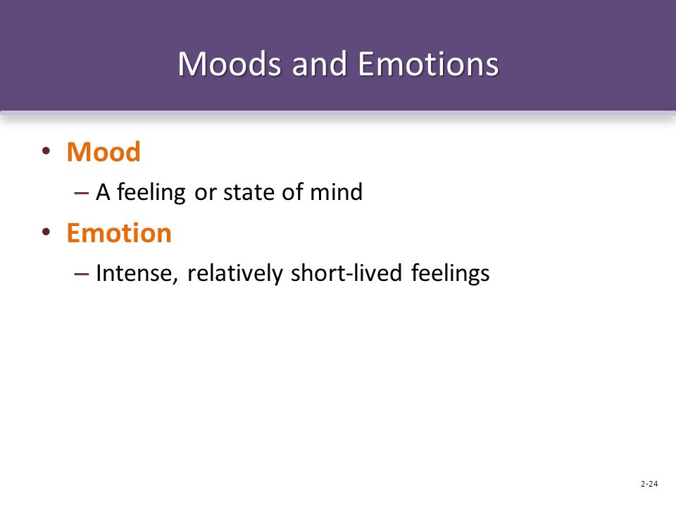 Moods and Emotions Mood – A feeling or state of mind Emotion – Intense, relatively short-lived feelings 2-24