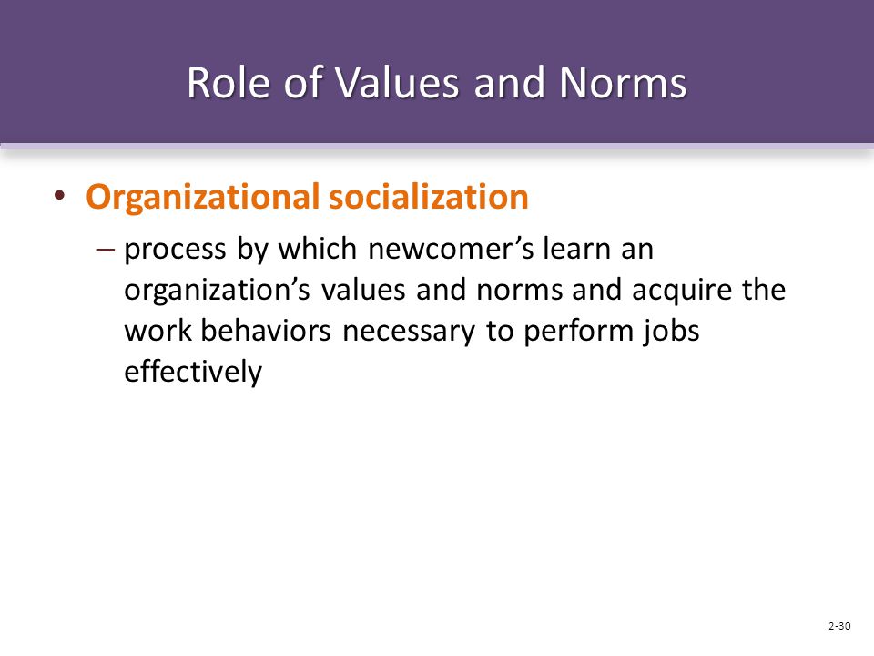 Role of Values and Norms Organizational socialization – process by which newcomer’s learn an organization’s values and norms and acquire the work behaviors necessary to perform jobs effectively 2-30