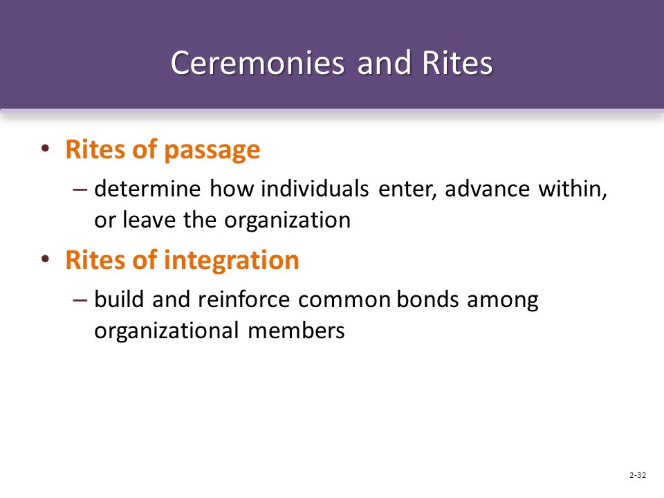 Ceremonies and Rites Rites of passage – determine how individuals enter, advance within, or leave the organization Rites of integration – build and reinforce common bonds among organizational members 2-32