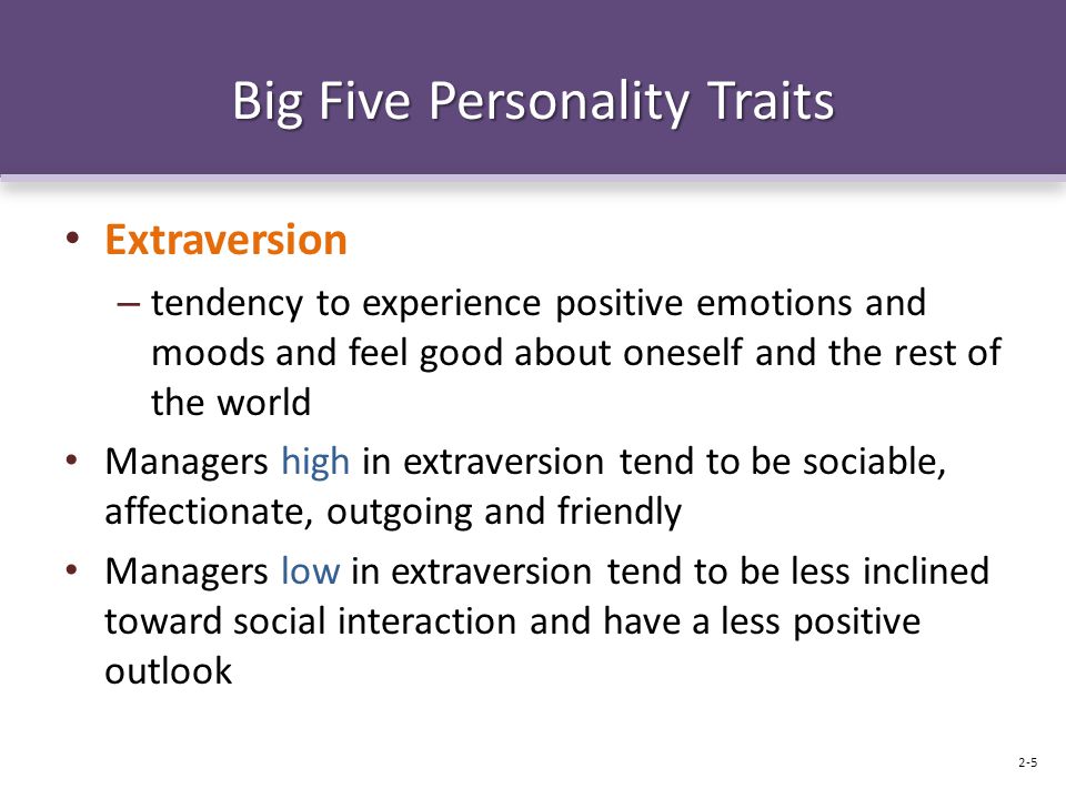 Big Five Personality Traits Extraversion – tendency to experience positive emotions and moods and feel good about oneself and the rest of the world Managers high in extraversion tend to be sociable, affectionate, outgoing and friendly Managers low in extraversion tend to be less inclined toward social interaction and have a less positive outlook 2-5