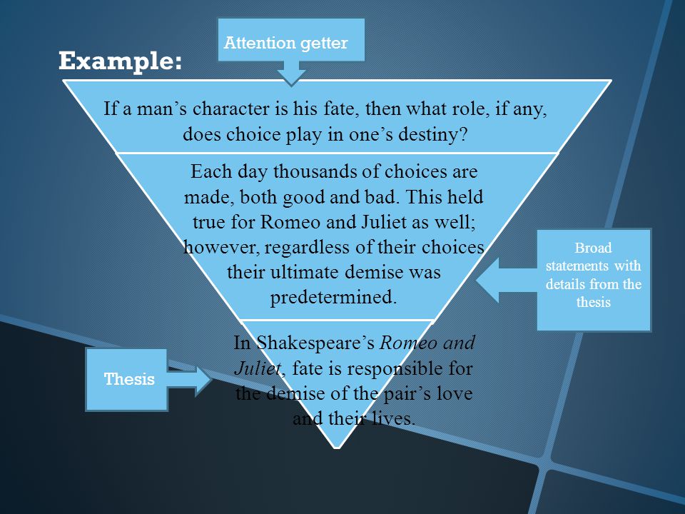 Example: In Shakespeare’s Romeo and Juliet, fate is responsible for the demise of the pair’s love and their lives.
