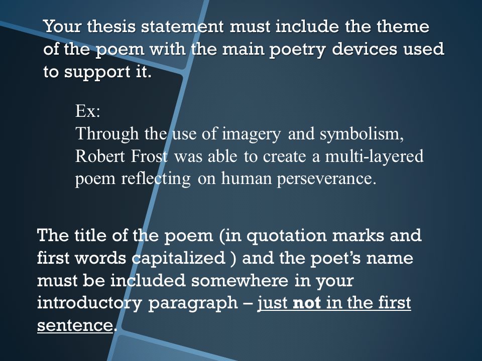 Your thesis statement must include the theme of the poem with the main poetry devices used to support it.