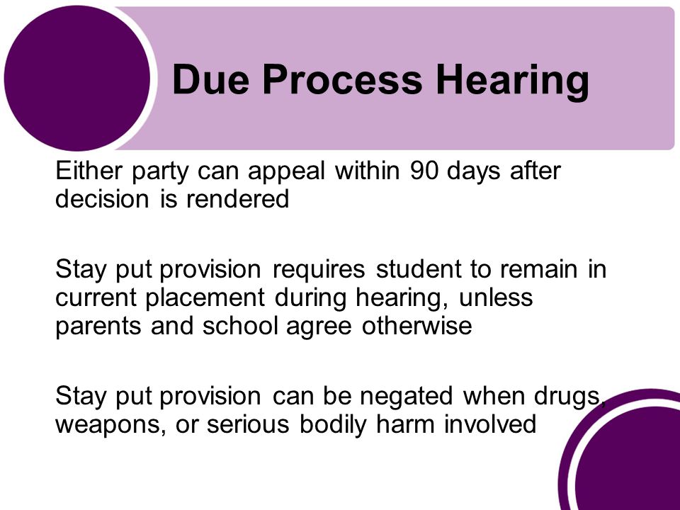 Due Process Hearing Either party can appeal within 90 days after decision is rendered Stay put provision requires student to remain in current placement during hearing, unless parents and school agree otherwise Stay put provision can be negated when drugs, weapons, or serious bodily harm involved