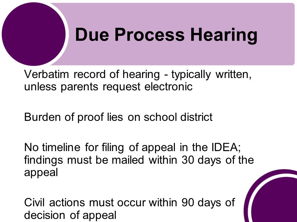 Due Process Hearing Verbatim record of hearing - typically written, unless parents request electronic Burden of proof lies on school district No timeline for filing of appeal in the IDEA; findings must be mailed within 30 days of the appeal Civil actions must occur within 90 days of decision of appeal
