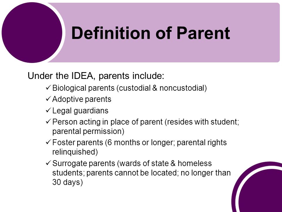Definition of Parent Under the IDEA, parents include: Biological parents (custodial & noncustodial) Adoptive parents Legal guardians Person acting in place of parent (resides with student; parental permission) Foster parents (6 months or longer; parental rights relinquished) Surrogate parents (wards of state & homeless students; parents cannot be located; no longer than 30 days)