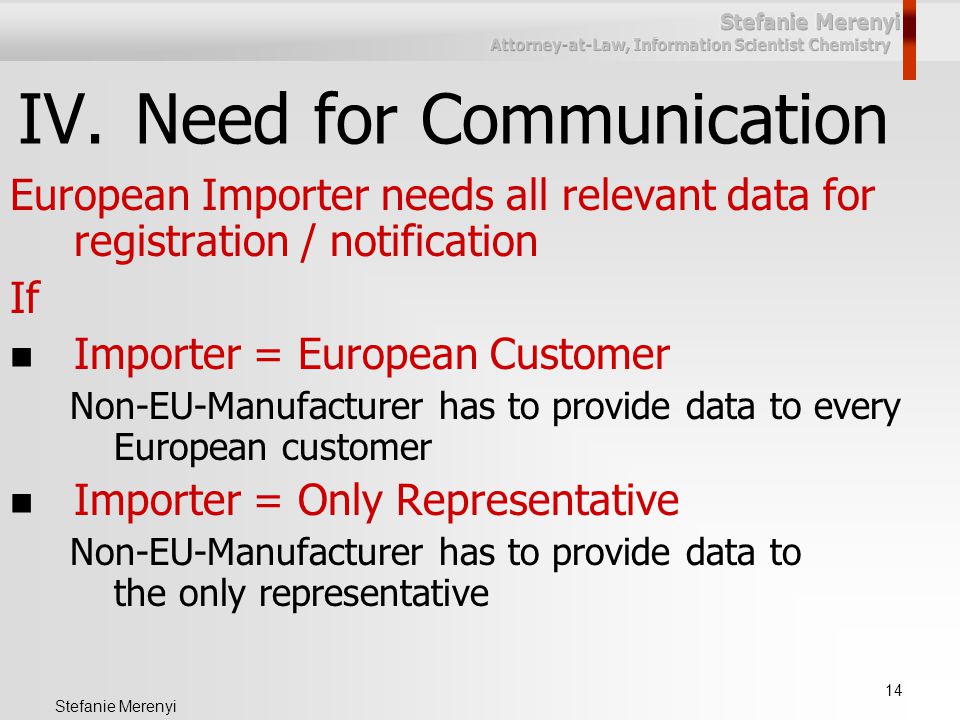 14 Stefanie Merenyi IV.Need for Communication European Importer needs all relevant data for registration / notification If Importer = European Customer Non-EU-Manufacturer has to provide data to every European customer Importer = Only Representative Non-EU-Manufacturer has to provide data to the only representative