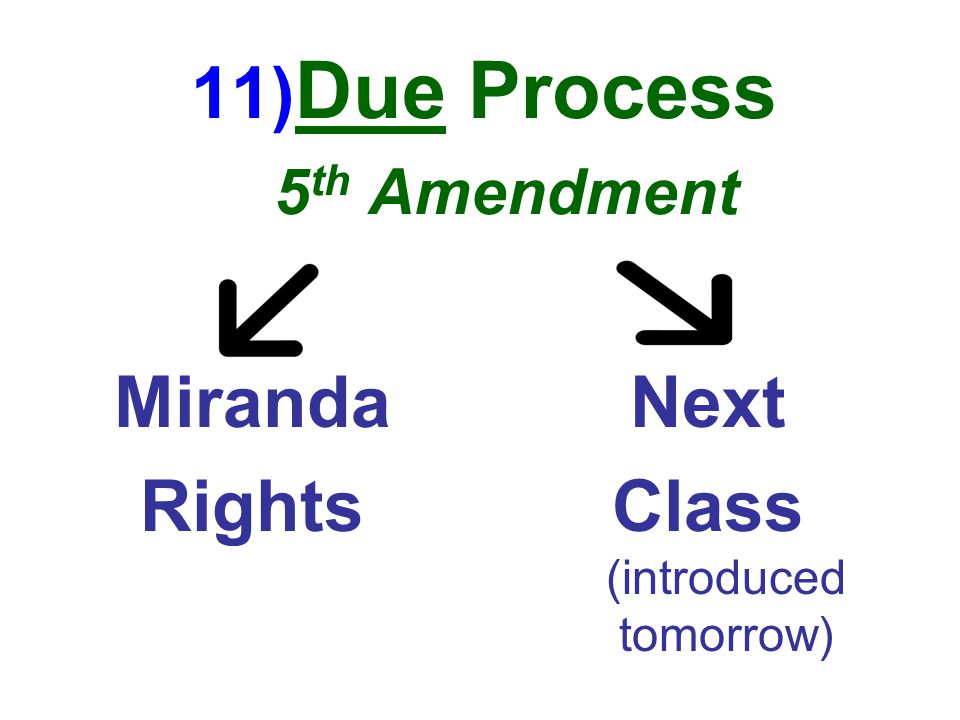 11) Due Process 5 th Amendment Miranda Rights Next Class (introduced tomorrow)