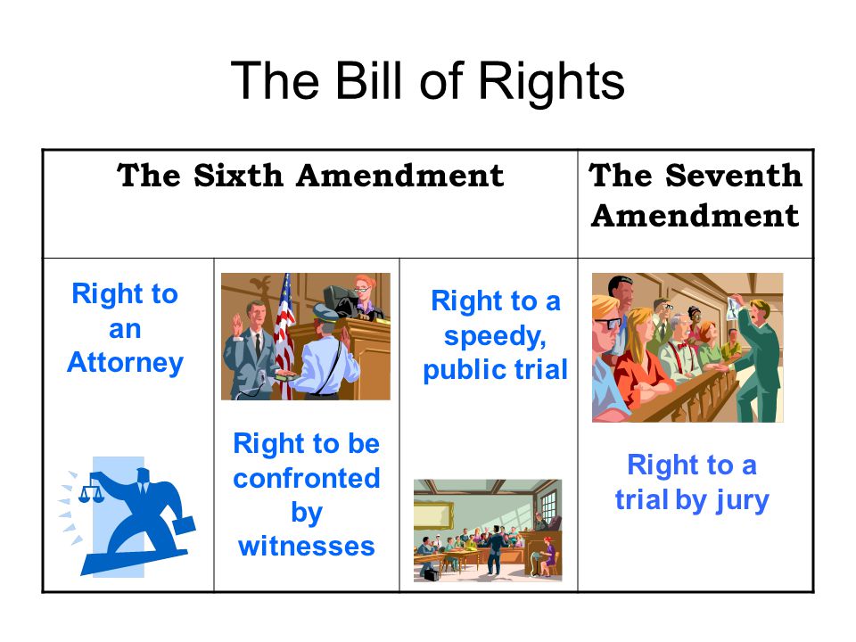 The Bill of Rights The Sixth AmendmentThe Seventh Amendment Right to an Attorney Right to be confronted by witnesses Right to a speedy, public trial Right to a trial by jury