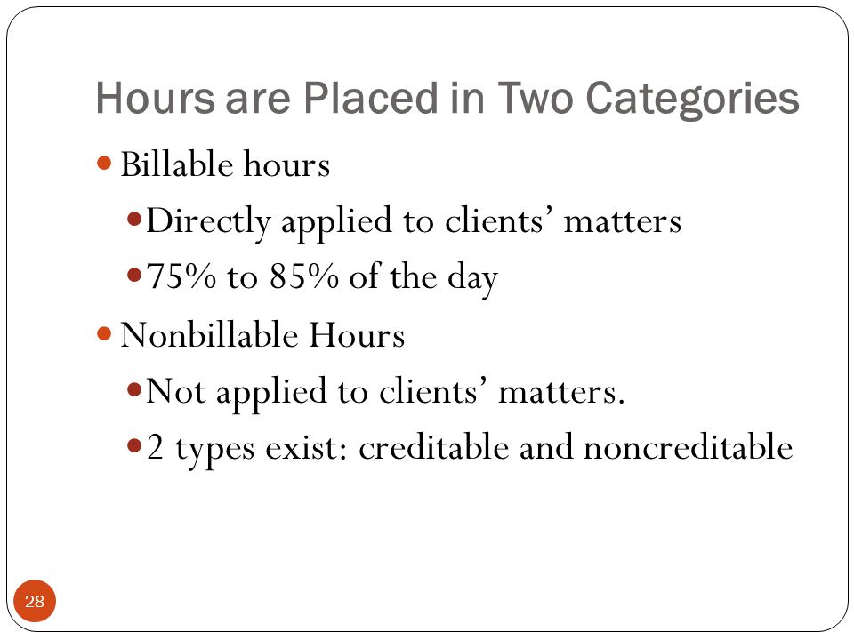 Hours are Placed in Two Categories 28 Billable hours Directly applied to clients’ matters 75% to 85% of the day Nonbillable Hours Not applied to clients’ matters.