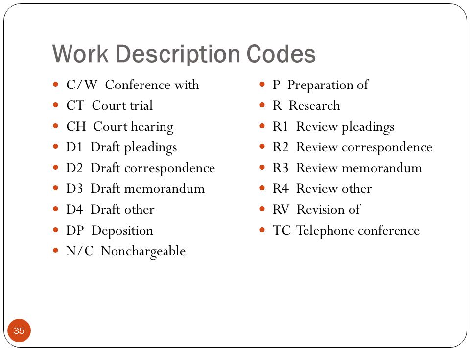 Work Description Codes 35 C/W Conference with CT Court trial CH Court hearing D1 Draft pleadings D2 Draft correspondence D3 Draft memorandum D4 Draft other DP Deposition N/C Nonchargeable P Preparation of R Research R1 Review pleadings R2 Review correspondence R3 Review memorandum R4 Review other RV Revision of TC Telephone conference