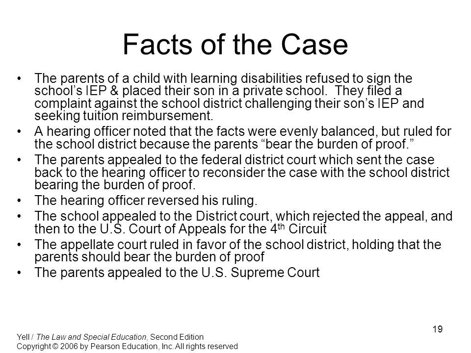 19 Facts of the Case The parents of a child with learning disabilities refused to sign the school’s IEP & placed their son in a private school.