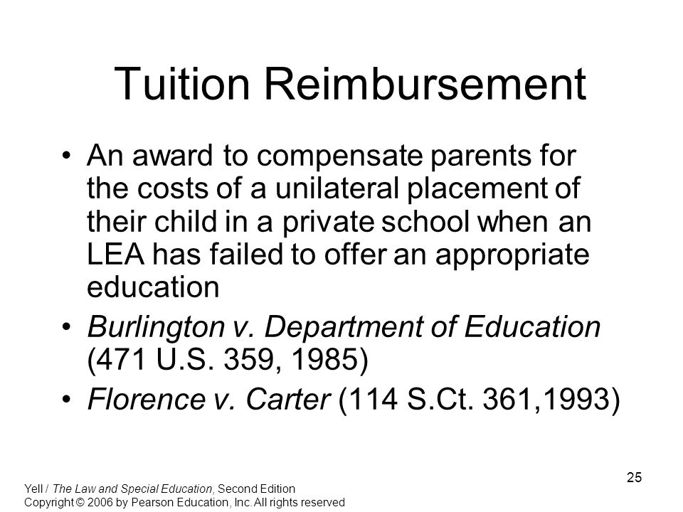 25 Tuition Reimbursement An award to compensate parents for the costs of a unilateral placement of their child in a private school when an LEA has failed to offer an appropriate education Burlington v.