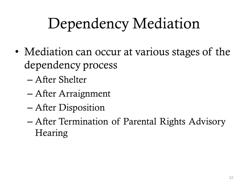 Dependency Mediation Mediation can occur at various stages of the dependency process – After Shelter – After Arraignment – After Disposition – After Termination of Parental Rights Advisory Hearing 12
