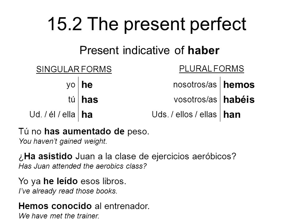 15.2 The present perfect SINGULAR FORMS PLURAL FORMS yo he nosotros/as hemos tú has vosotros/as habéis Ud.