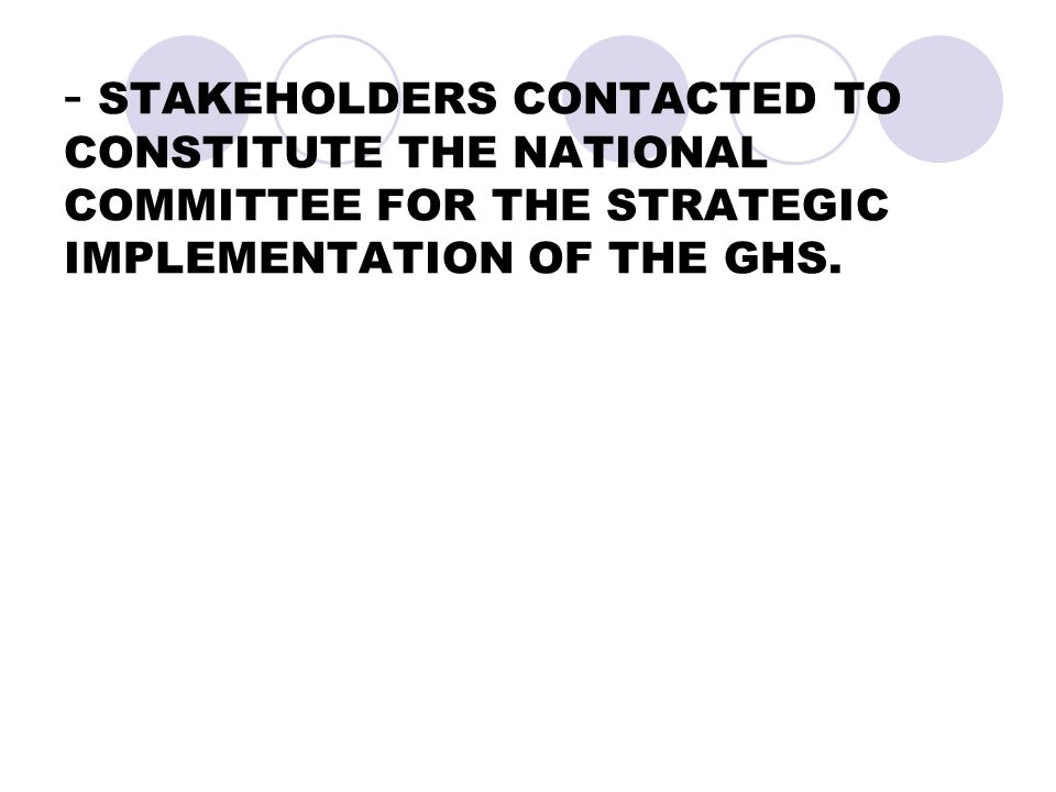 - STAKEHOLDERS CONTACTED TO CONSTITUTE THE NATIONAL COMMITTEE FOR THE STRATEGIC IMPLEMENTATION OF THE GHS.