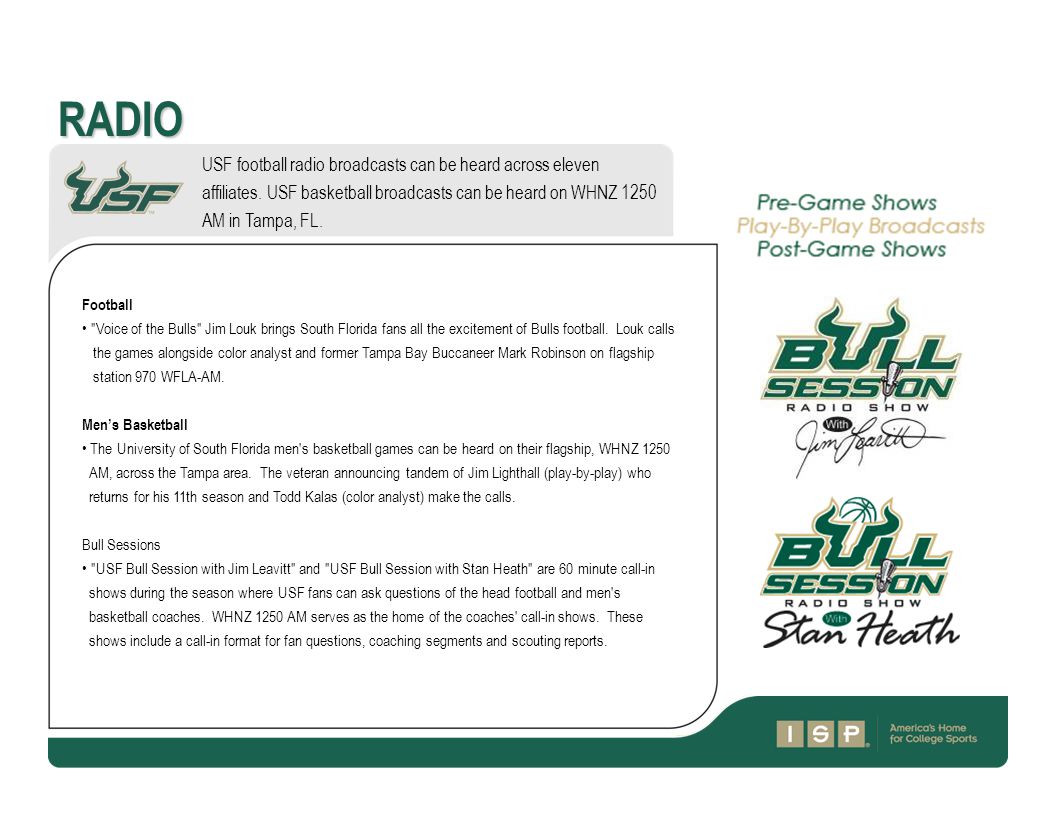 RADIO USF football radio broadcasts can be heard across eleven affiliates.