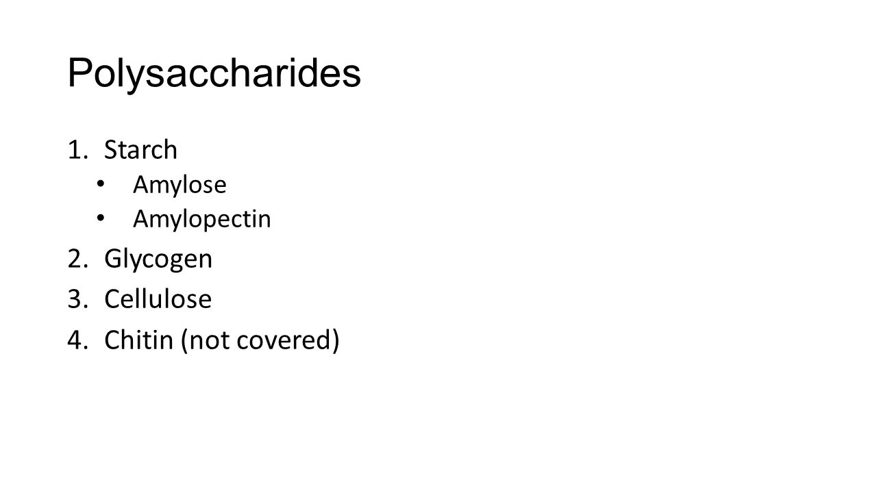 Polysaccharides 1.Starch Amylose Amylopectin 2.Glycogen 3.Cellulose 4.Chitin (not covered)