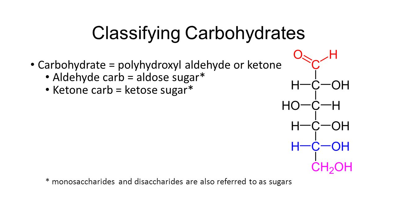 Classifying Carbohydrates Carbohydrate = polyhydroxyl aldehyde or ketone Aldehyde carb = aldose sugar* Ketone carb = ketose sugar* * monosaccharides and disaccharides are also referred to as sugars