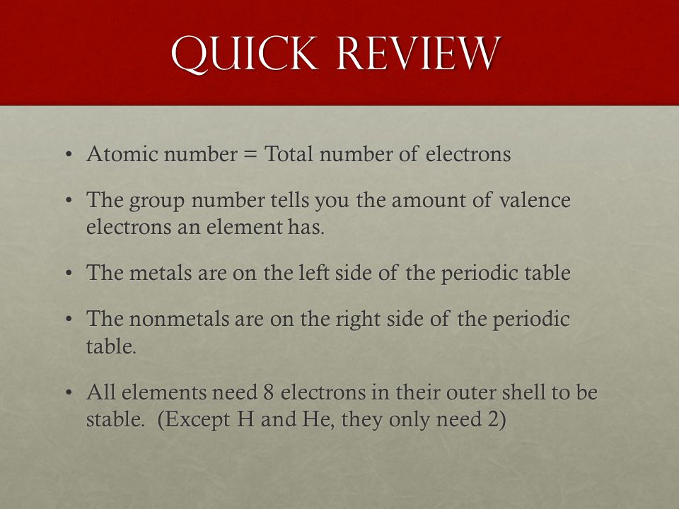 Quick Review Atomic number = Total number of electronsAtomic number = Total number of electrons The group number tells you the amount of valence electrons an element has.The group number tells you the amount of valence electrons an element has.