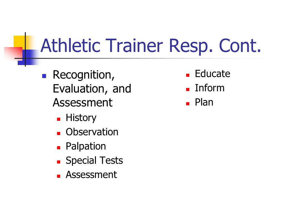 Athletic Trainer responsibilities Prevention Educate and Instruct Bracing and Taping Monitor Safety of Participation Facilitate Safe Conditioning Sanitation Promotion of Nutritional Concerns