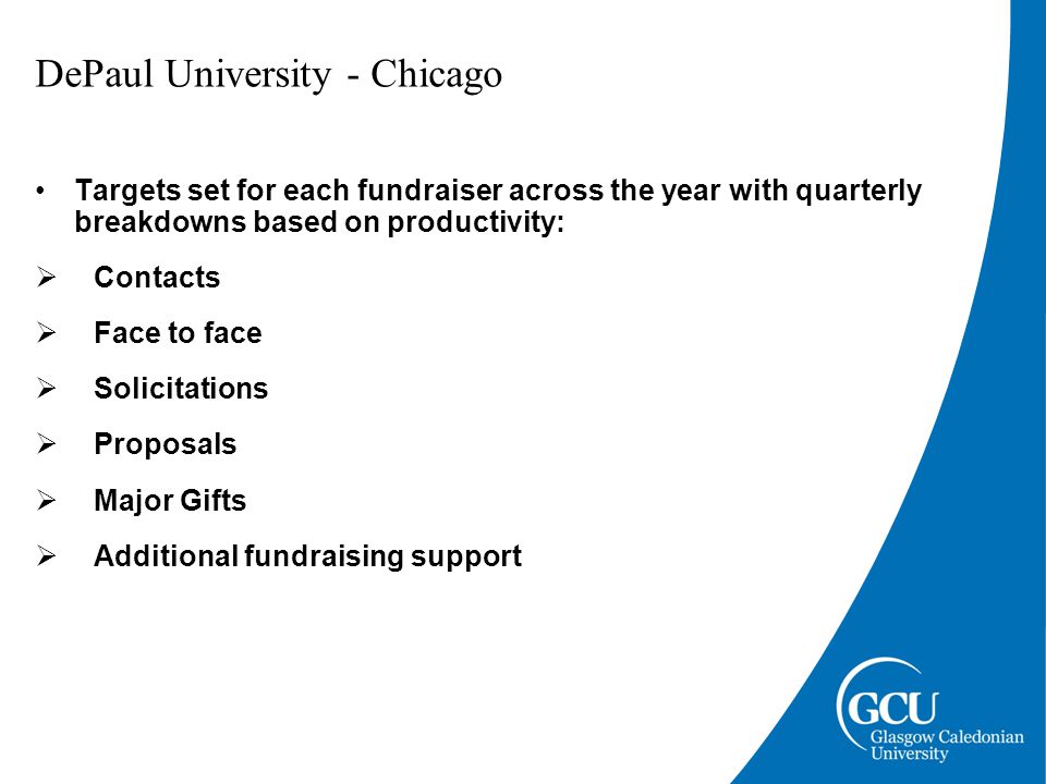 DePaul University - Chicago Targets set for each fundraiser across the year with quarterly breakdowns based on productivity:  Contacts  Face to face  Solicitations  Proposals  Major Gifts  Additional fundraising support