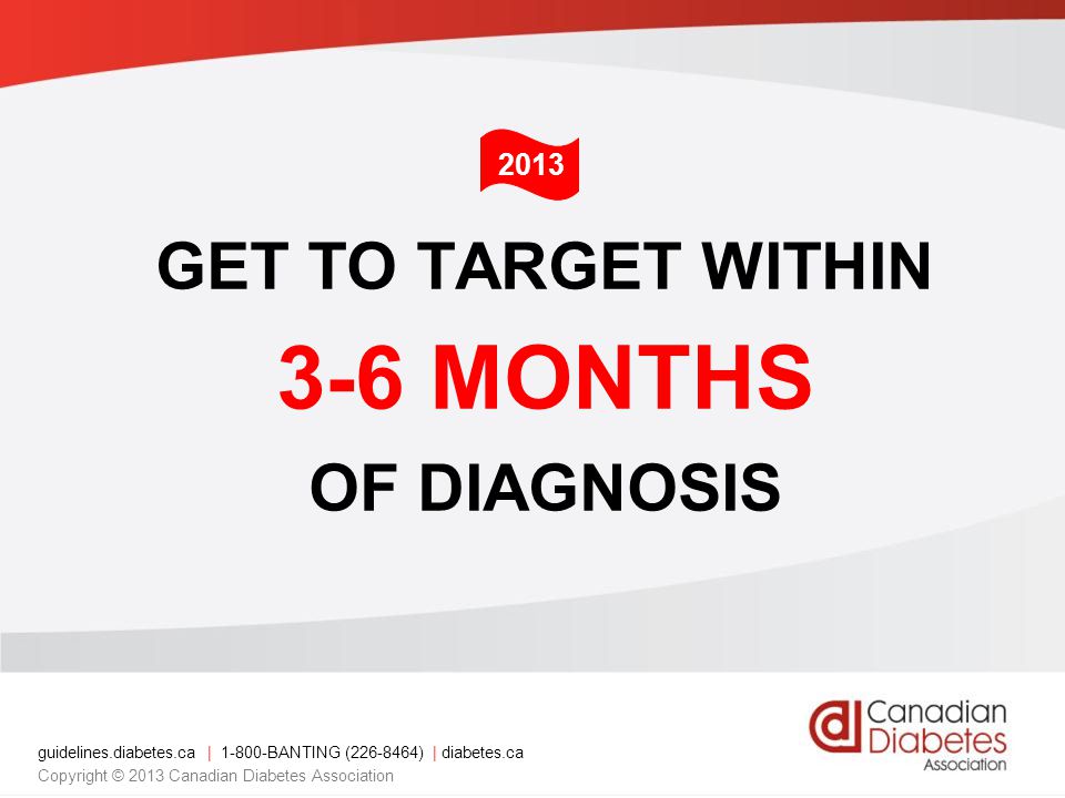 guidelines.diabetes.ca | BANTING ( ) | diabetes.ca Copyright © 2013 Canadian Diabetes Association GET TO TARGET WITHIN 3-6 MONTHS OF DIAGNOSIS 2013