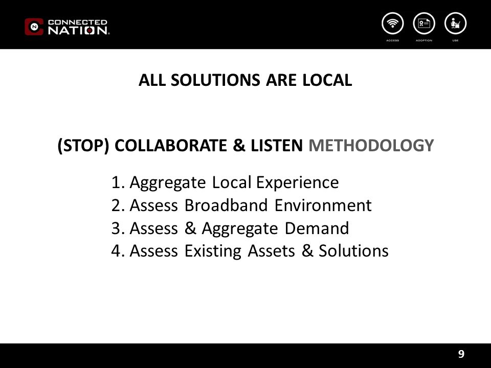 9 ALL SOLUTIONS ARE LOCAL (STOP) COLLABORATE & LISTEN METHODOLOGY 1.Aggregate Local Experience 2.Assess Broadband Environment 3.Assess & Aggregate Demand 4.Assess Existing Assets & Solutions